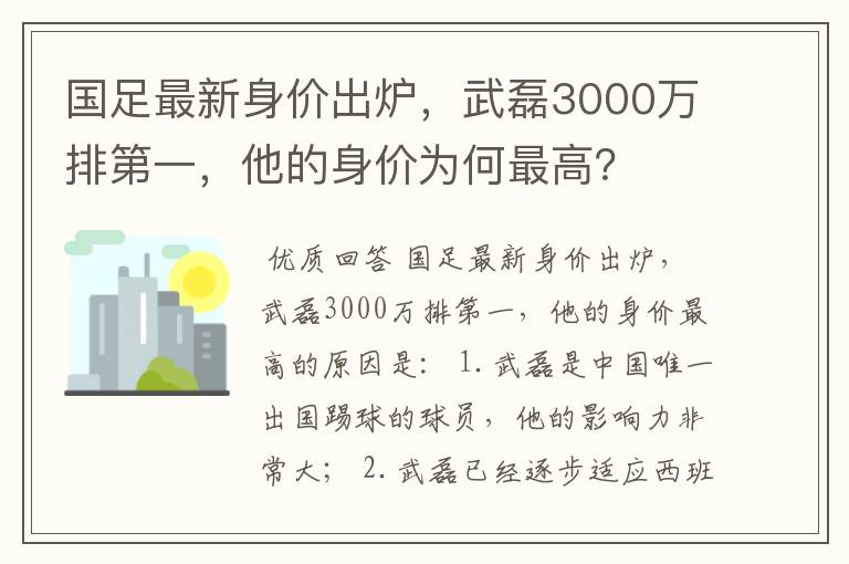 国足最新身价出炉,武磊3000万排第一,他的身价为何最高?