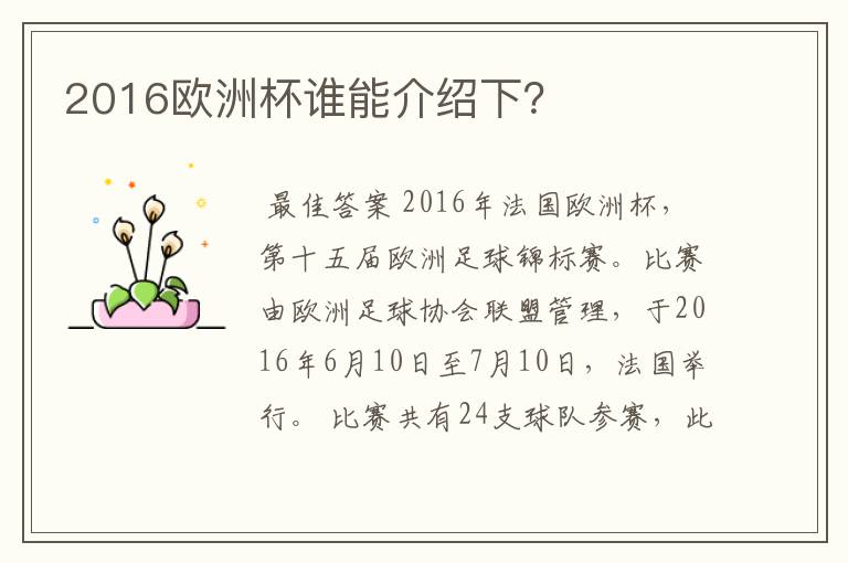 2016欧洲杯谁能介绍下?