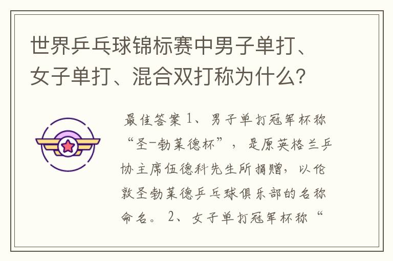 世界乒乓球锦标赛中男子单打、女子单打、混合双打称为什么?