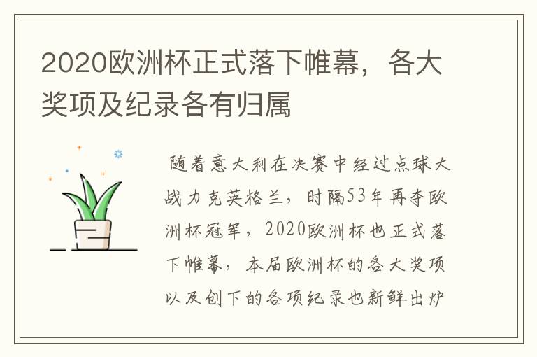 2020欧洲杯正式落下帷幕,各大奖项及纪录各有归属