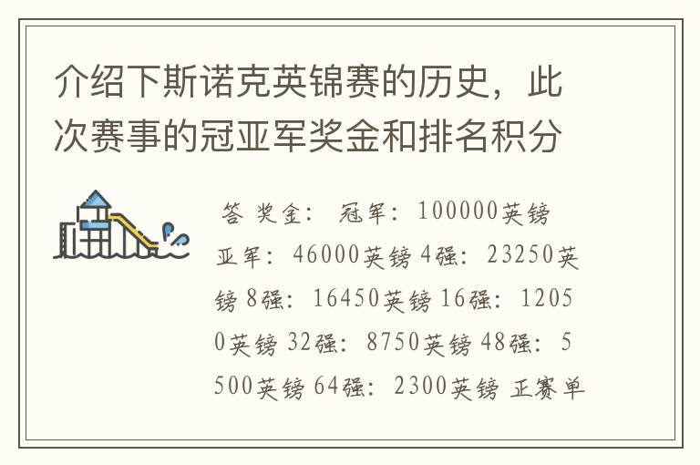 介绍下斯诺克英锦赛的历史,此次赛事的冠亚军奖金和排名积分各是多少?