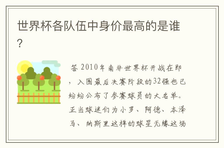 世界杯各队伍中身价最高的是谁?