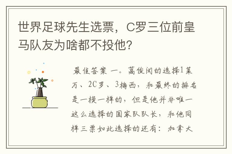 世界足球先生选票，C罗三位前皇马队友为啥都不投他？