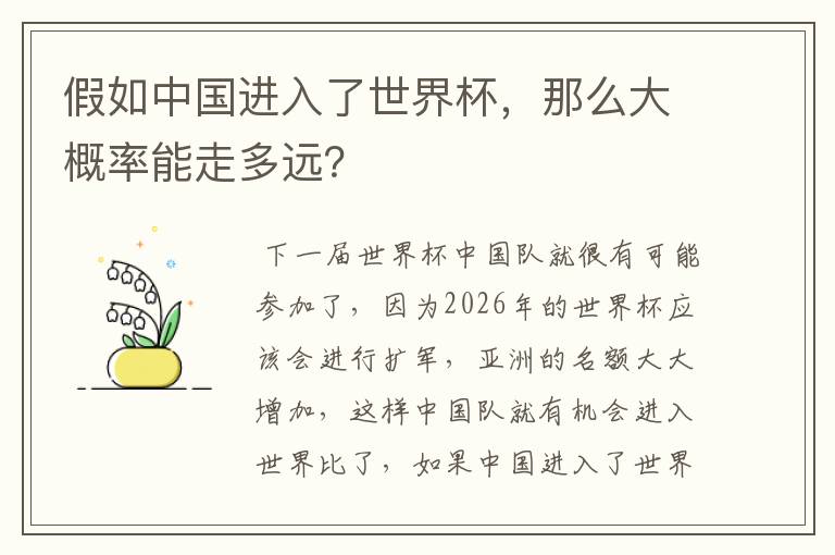 假如中国进入了世界杯,那么大概率能走多远?