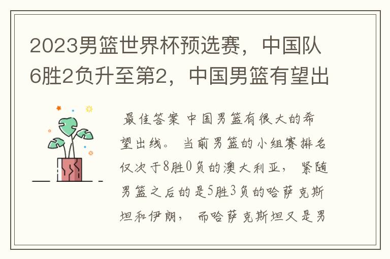 2023男篮世界杯预选赛,中国队6胜2负升至第2,中国男篮有望出线吗?