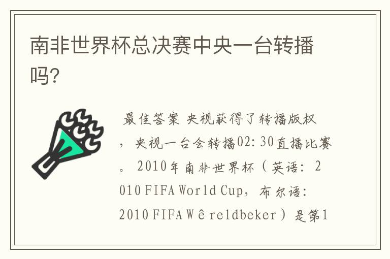 南非世界杯总决赛中央一台转播吗?