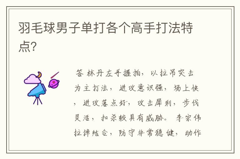 羽毛球男子单打各个高手打法特点?