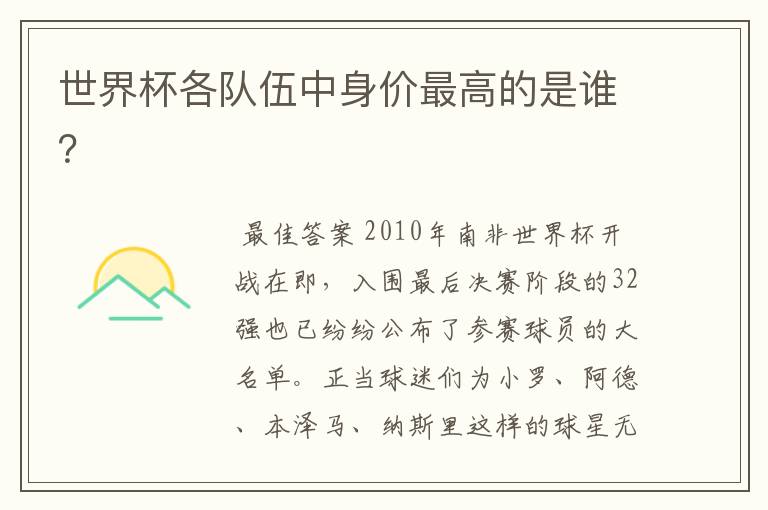 世界杯各队伍中身价最高的是谁?