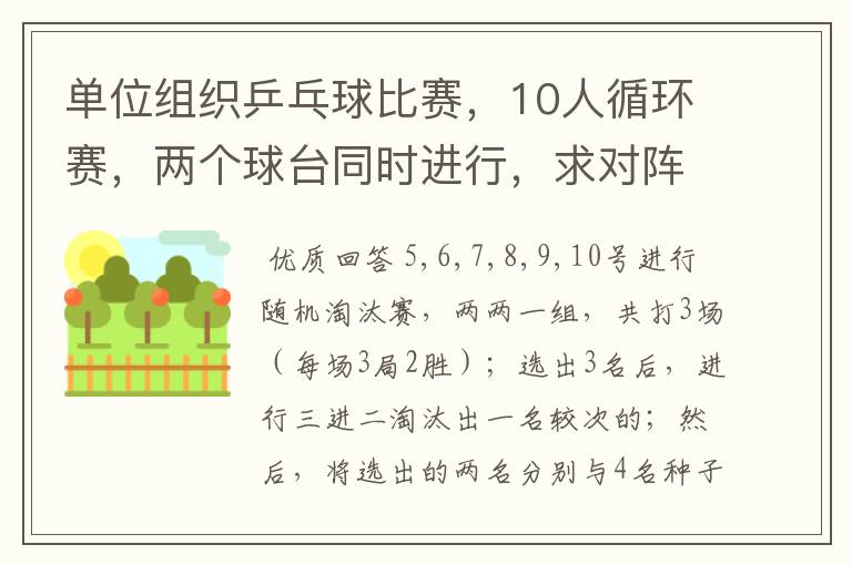 单位组织乒乓球比赛,10人循环赛,两个球台同时进行,求对阵表