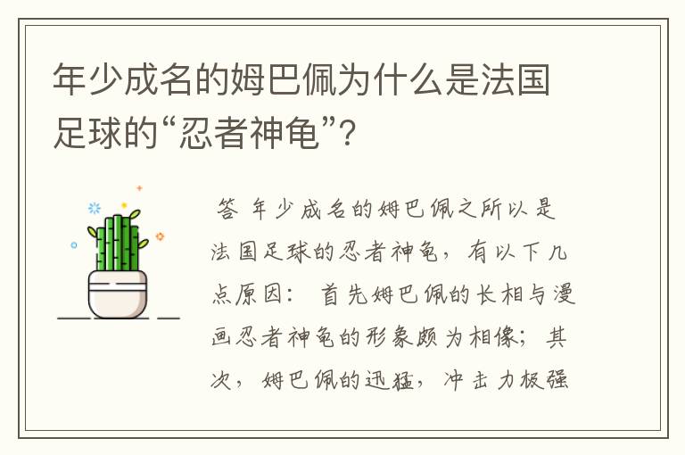 年少成名的姆巴佩为什么是法国足球的“忍者神龟”?