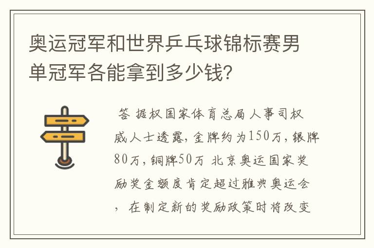 奥运冠军和世界乒乓球锦标赛男单冠军各能拿到多少钱?