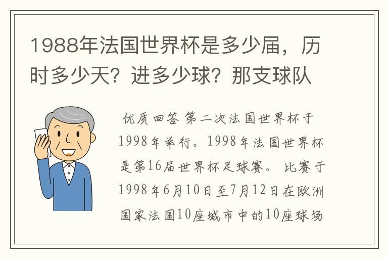 1988年法国世界杯是多少届,历时多少天?进多少球?那支球队是第一次参加世界杯?