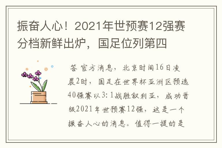 振奋人心!2021年世预赛12强赛分档新鲜出炉,国足位列第四