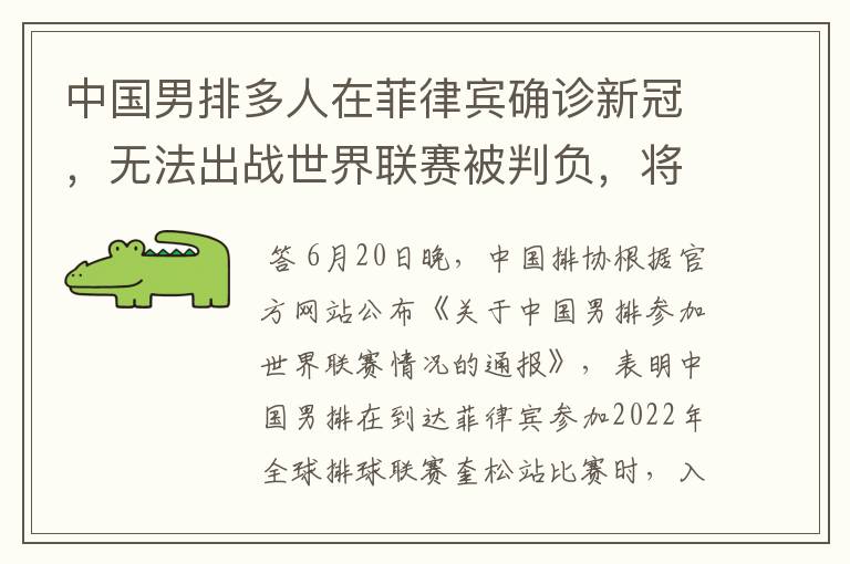 中国男排多人在菲律宾确诊新冠,无法出战世界联赛被判负,将有哪些影响?