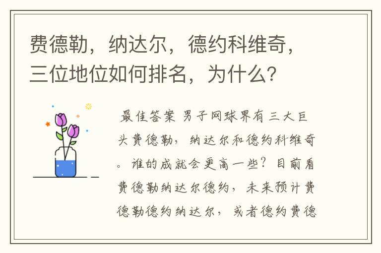 费德勒,纳达尔,德约科维奇,三位地位如何排名,为什么?