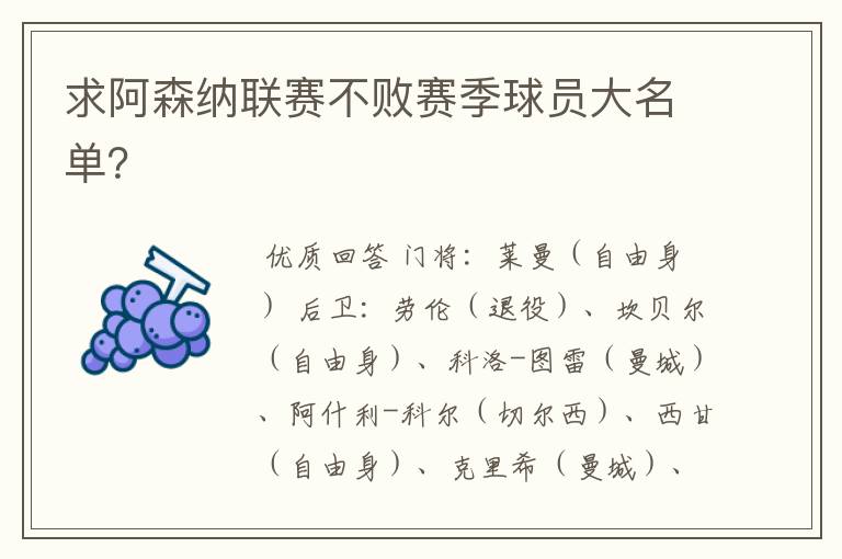 求阿森纳联赛不败赛季球员大名单？