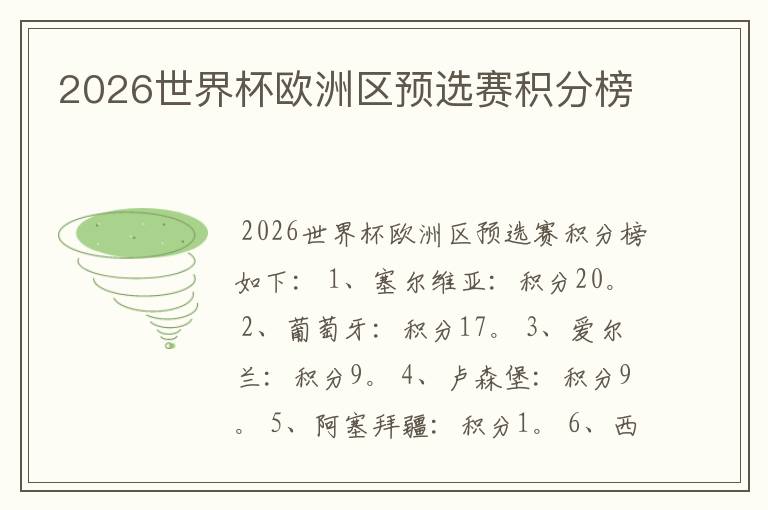 2026世界杯欧洲区预选赛积分榜