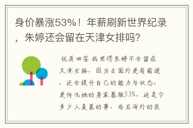 身价暴涨53%!年薪刷新世界纪录,朱婷还会留在天津女排吗?