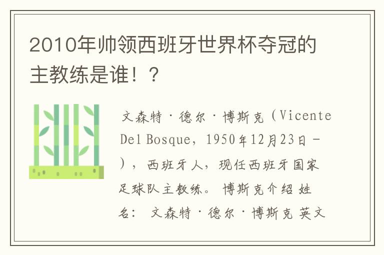 2010年帅领西班牙世界杯夺冠的主教练是谁!?