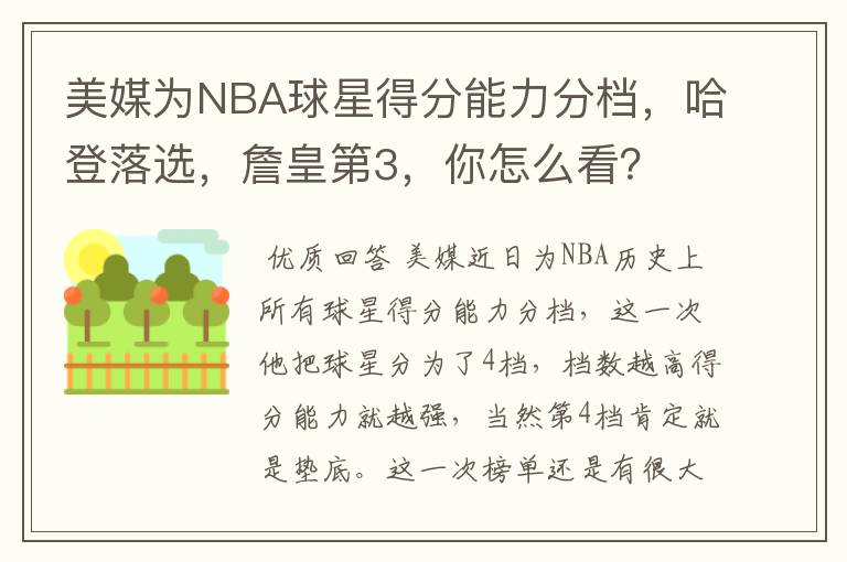 美媒为NBA球星得分能力分档,哈登落选,詹皇第3,你怎么看?