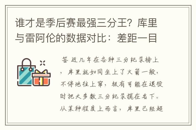谁才是季后赛最强三分王?库里与雷阿伦的数据对比:差距一目了然