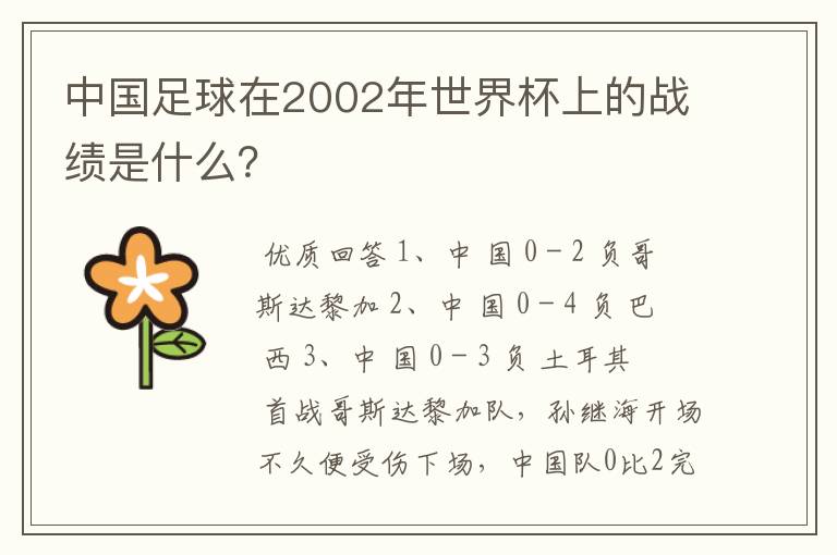 中国足球在2002年世界杯上的战绩是什么?