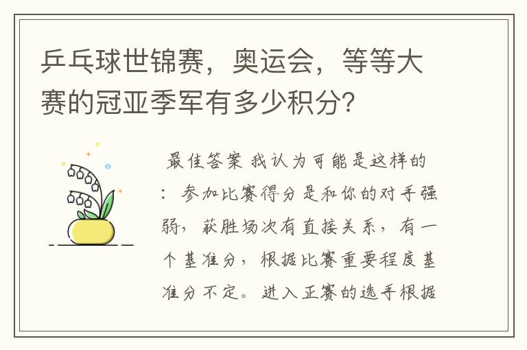 乒乓球世锦赛,奥运会,等等大赛的冠亚季军有多少积分?