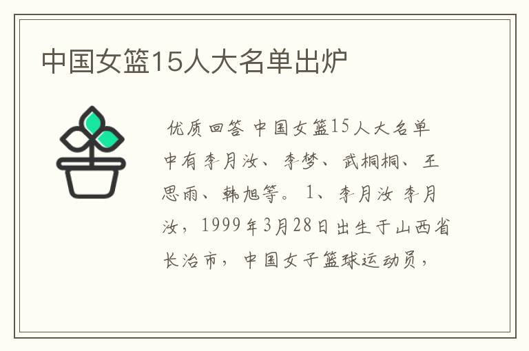 中国女篮15人大名单出炉