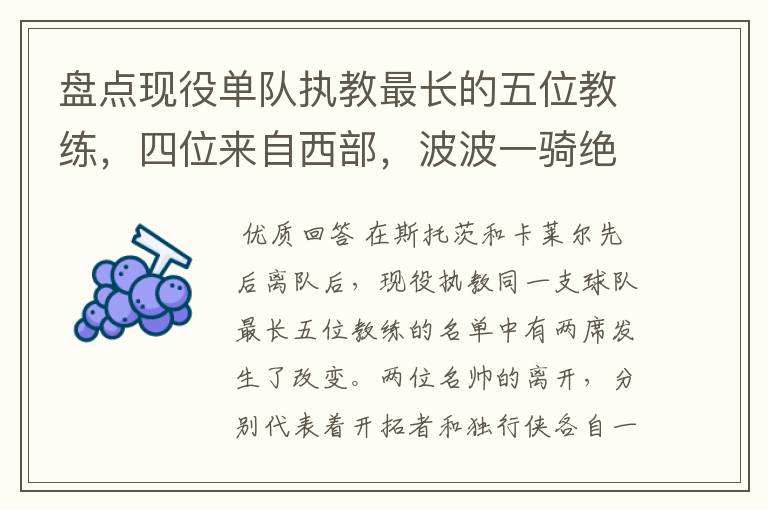 盘点现役单队执教最长的五位教练,四位来自西部,波波一骑绝尘