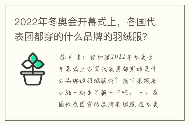2022年冬奥会开幕式上，各国代表团都穿的什么品牌的羽绒服？