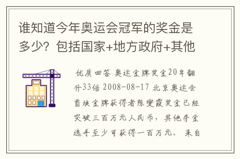 谁知道今年奥运会冠军的奖金是多少?包括国家+地方政府+其他赞助商的