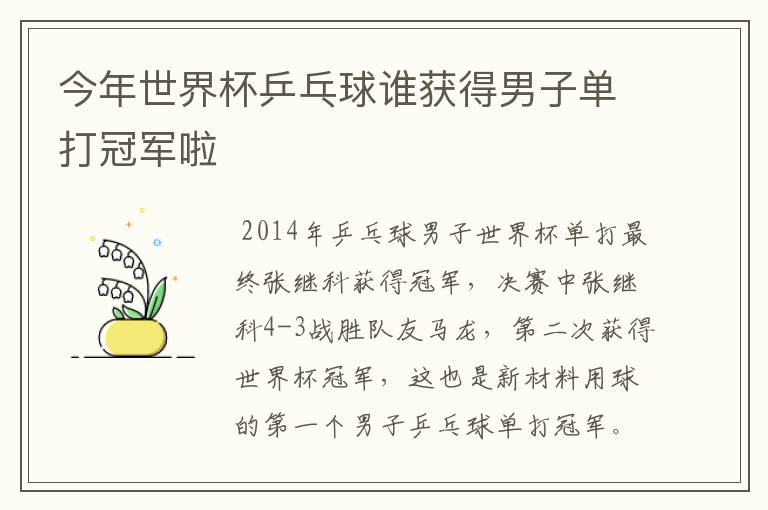 今年世界杯乒乓球谁获得男子单打冠军啦
