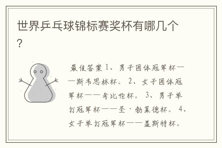 世界乒乓球锦标赛奖杯有哪几个?