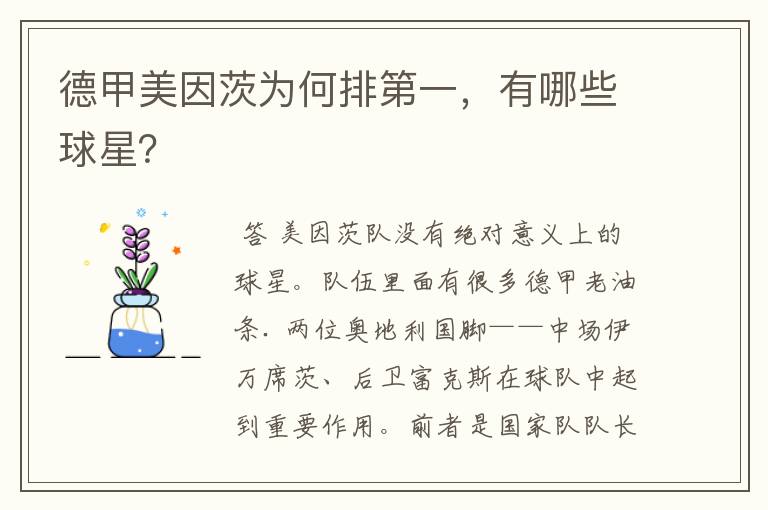 德甲美因茨为何排第一,有哪些球星?