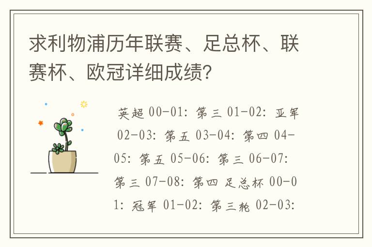 求利物浦历年联赛、足总杯、联赛杯、欧冠详细成绩?