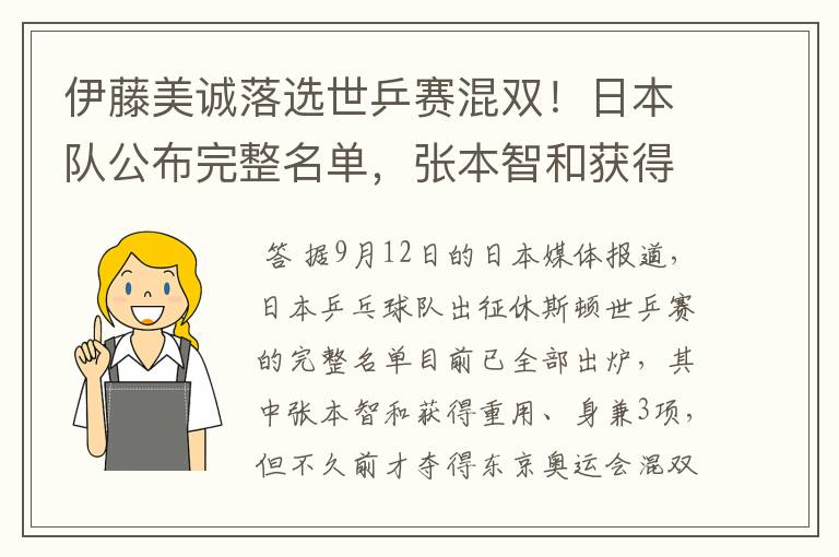 伊藤美诚落选世乒赛混双！日本队公布完整名单，张本智和获得重用