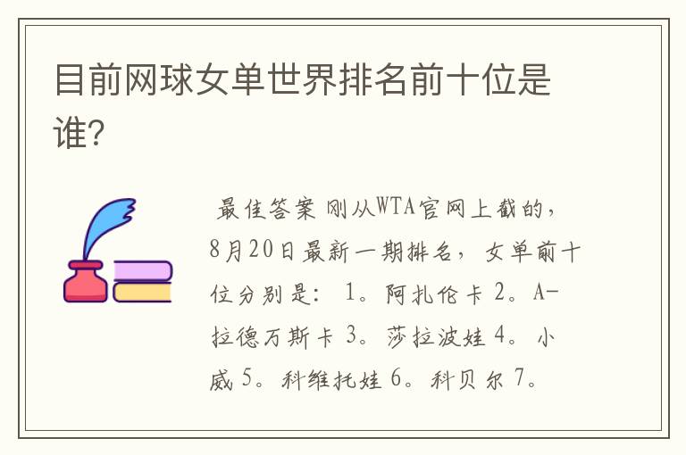 目前网球女单世界排名前十位是谁?