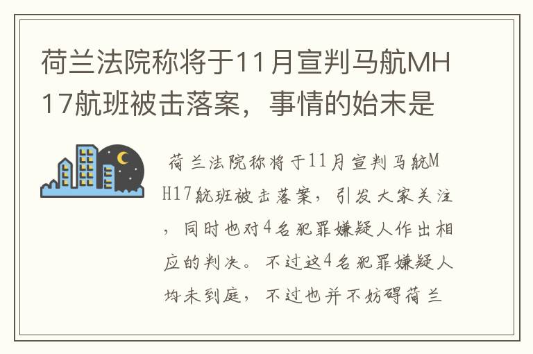 荷兰法院称将于11月宣判马航MH17航班被击落案,事情的始末是怎样的?