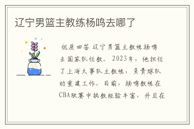 辽宁男篮主教练杨鸣去哪了