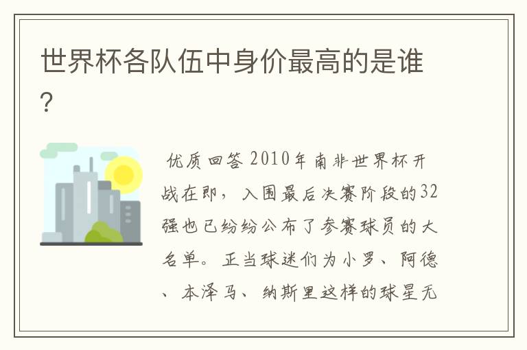 世界杯各队伍中身价最高的是谁?