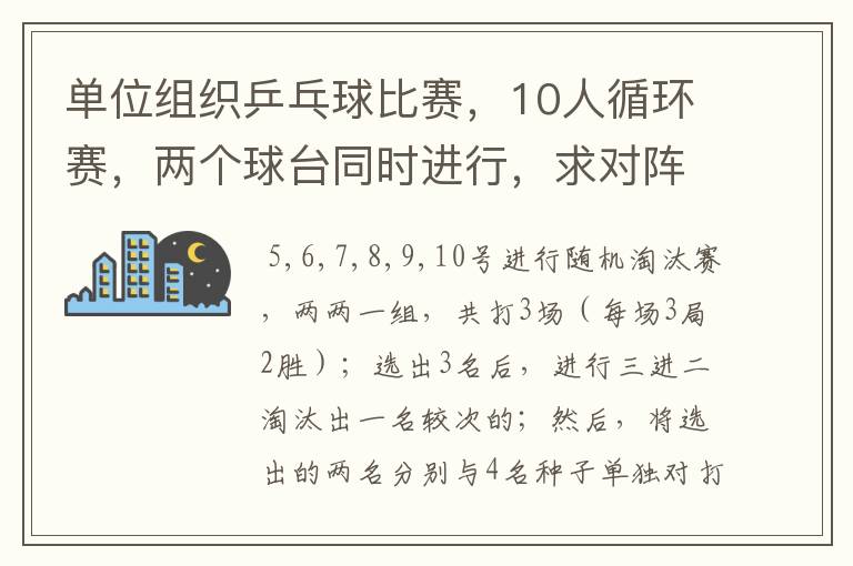 单位组织乒乓球比赛,10人循环赛,两个球台同时进行,求对阵表