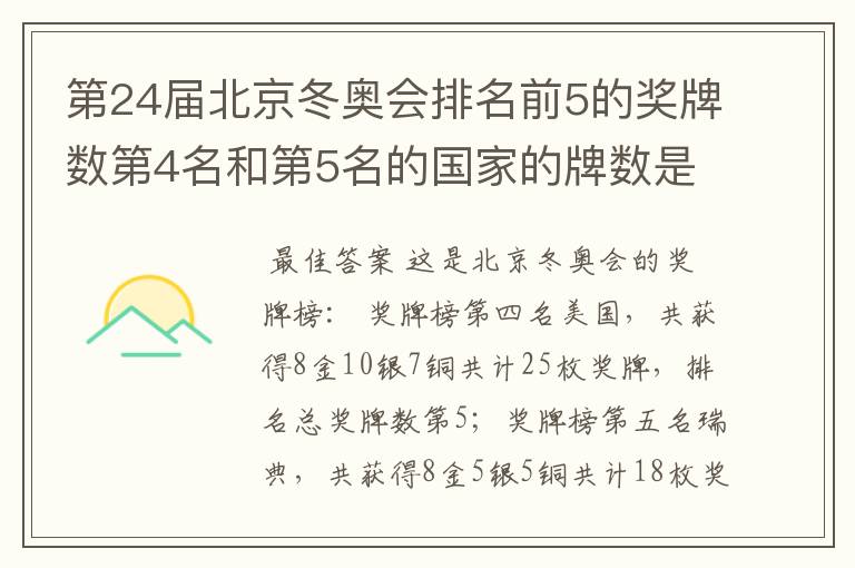 第24届北京冬奥会排名前5的奖牌数第4名和第5名的国家的牌数是多少?