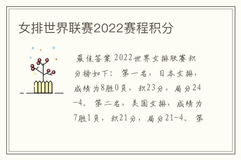 女排世界联赛2022赛程积分