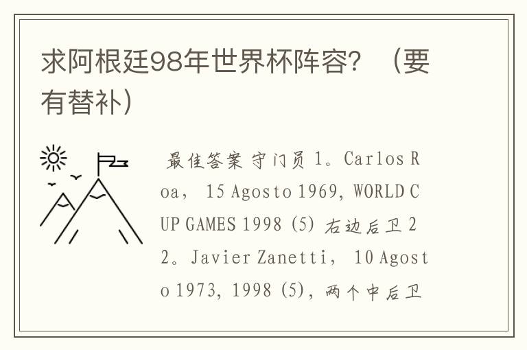 求阿根廷98年世界杯阵容?(要有替补)