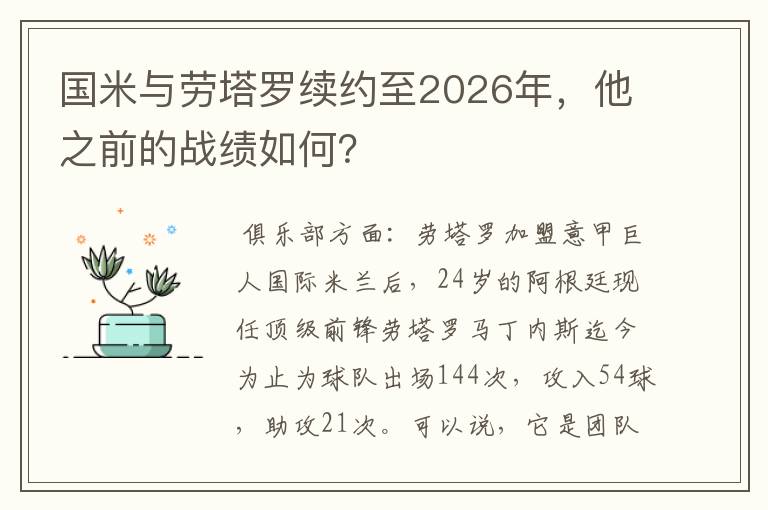 国米与劳塔罗续约至2026年,他之前的战绩如何?