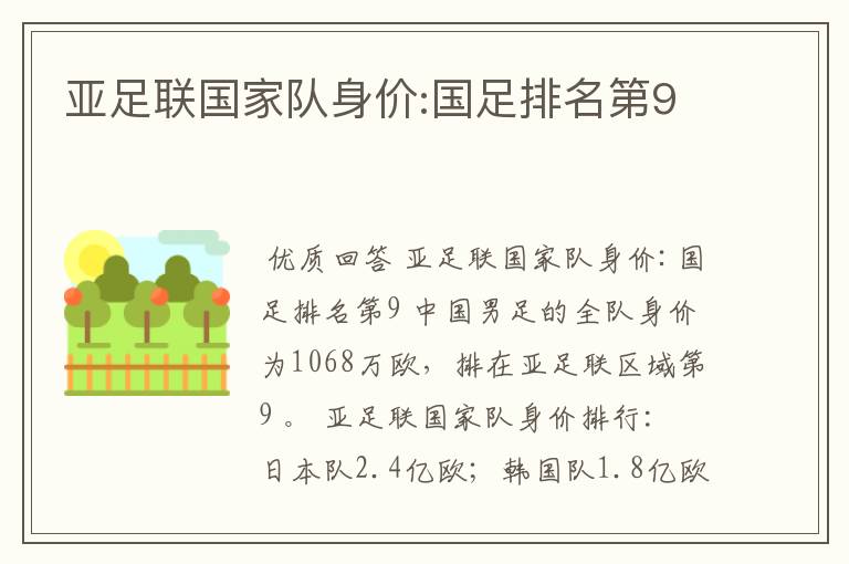 亚足联国家队身价:国足排名第9