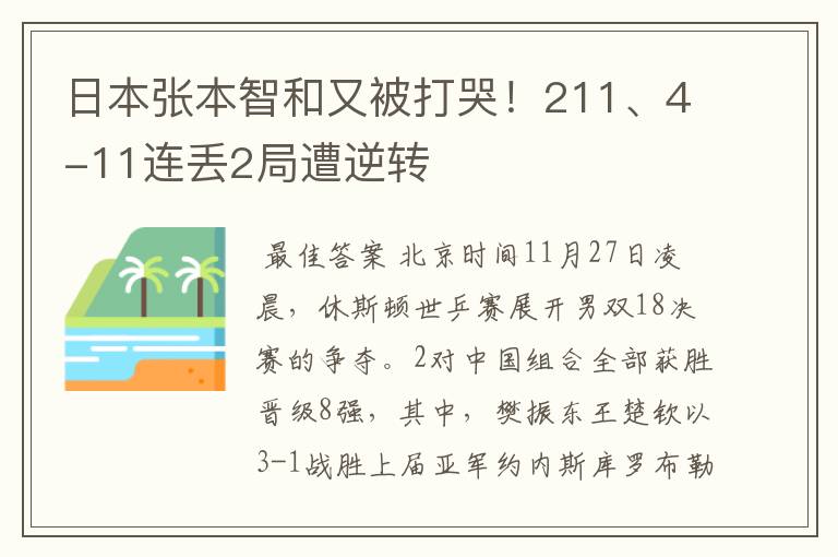 日本张本智和又被打哭!211、4-11连丢2局遭逆转