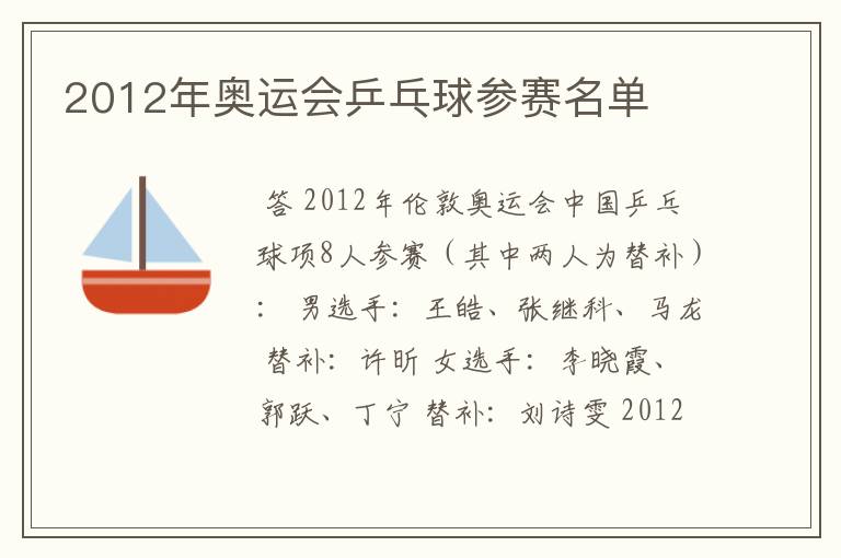 2012年奥运会乒乓球参赛名单