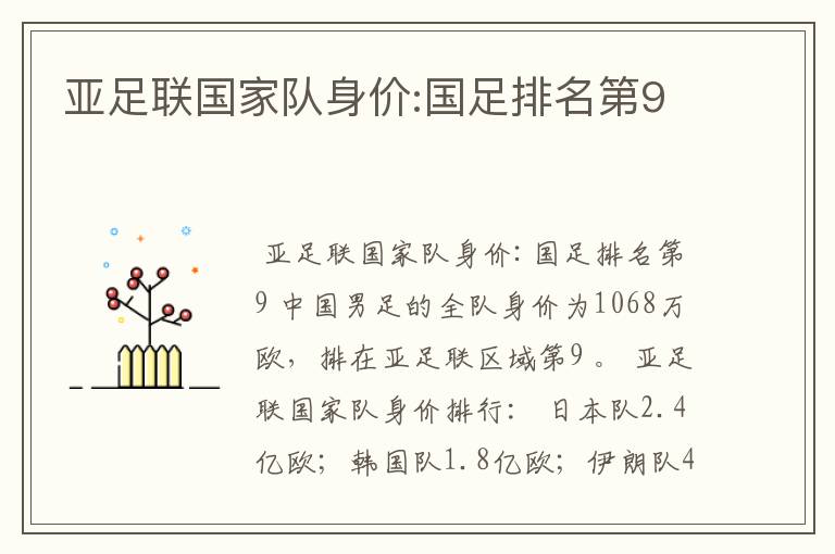 亚足联国家队身价:国足排名第9