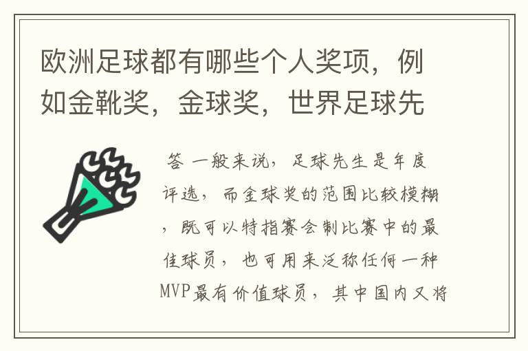 欧洲足球都有哪些个人奖项,例如金靴奖,金球奖,世界足球先生的,请高人解答,要最全的个人奖项,还有每